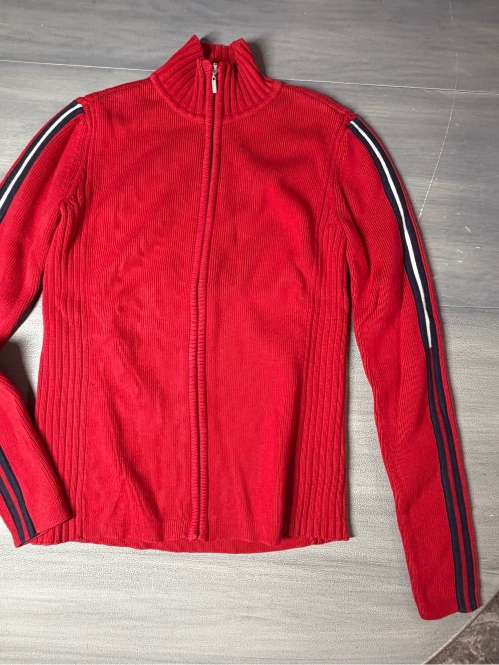 Tommy Hilfiger Red Full Zip Striped Sweater Women S